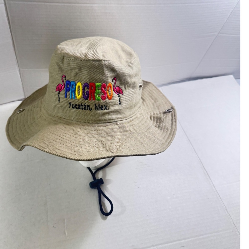 Progreso Yucatan Mexico Flamingo Bucket Hat Tan Khaki Sun Boonie Fishing Hat